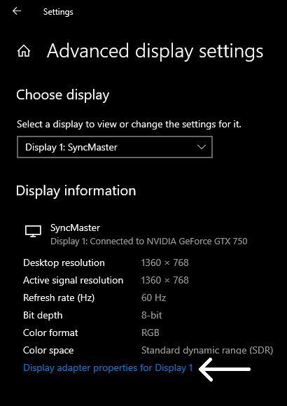 Display adapter settings in window 10